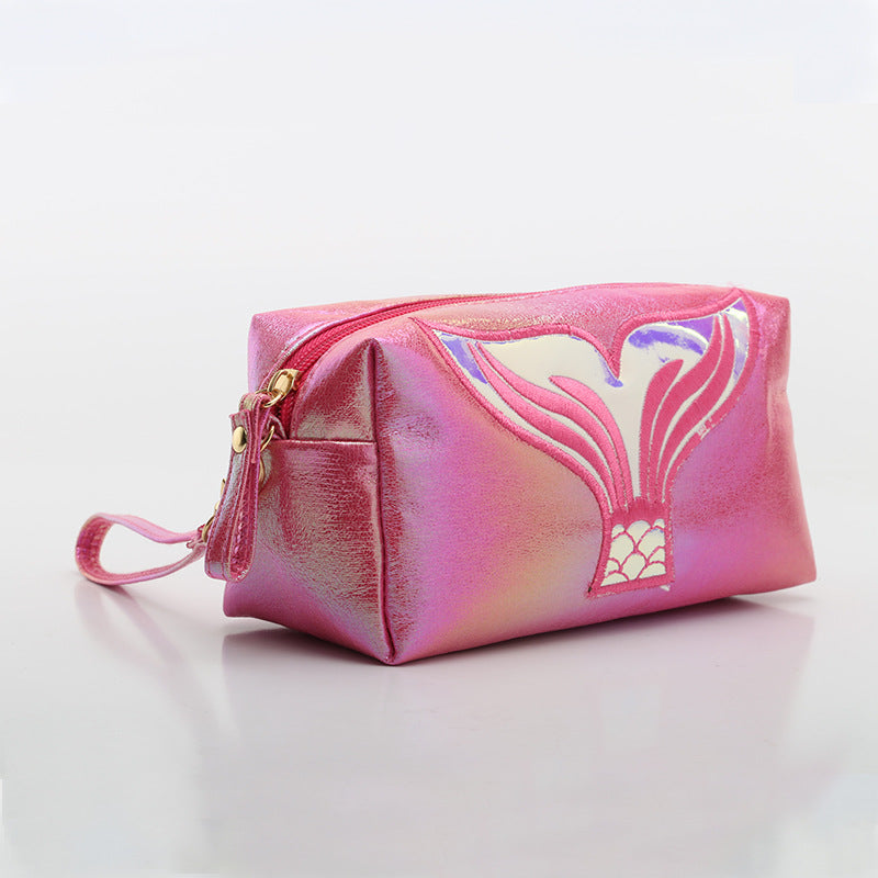 Wholesale PU Crack Fish Tail Illusion Laser Cosmetic Bag Cartoon Handbag Storage Bag
